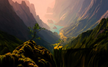 Digital Arts titled "Green Canyons" by Angel Estevez, Original Artwork, Digital Painting