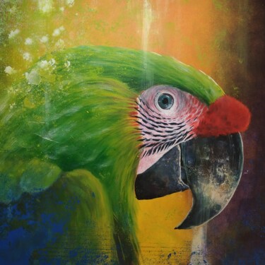 Painting titled "Green parrot" by Esther Pillet, Original Artwork, Acrylic Mounted on Wood Stretcher frame