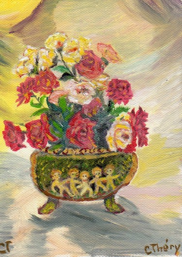 Painting titled "LE VASE DE ROSES" by Demoncheaux, Original Artwork, Oil