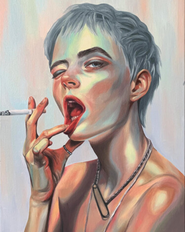 Painting titled "Cigarette?" by Etery Sidyakina, Original Artwork, Oil