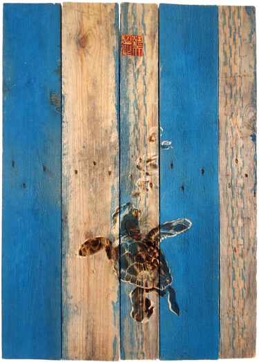 Pintura titulada "Tortuga" por Etienne Carreno, Obra de arte original, Grabado Montado en Panel de madera
