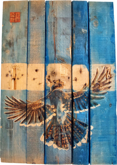 Painting titled "Bleu Geai" by Etienne Carreno, Original Artwork, Engraving Mounted on Wood Panel