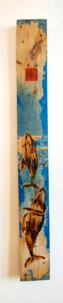 Painting titled "Whales" by Etienne Carreno, Original Artwork, Engraving Mounted on Wood Panel