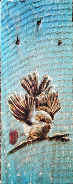 Painting titled "Little bird" by Etienne Carreno, Original Artwork, Pigments Mounted on Wood Panel