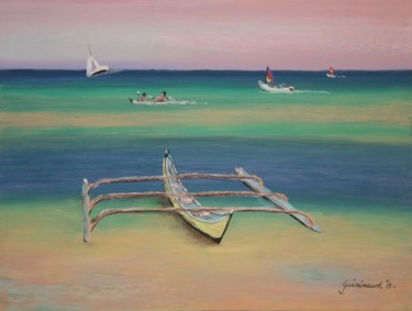 Drawing titled "Barque sur la plage" by Etienne Guérinaud, Original Artwork, Pastel Mounted on Cardboard