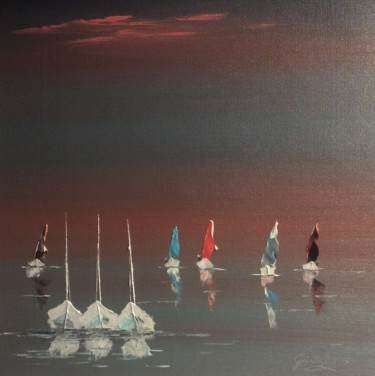 Painting titled "3 Barques au repos" by Etienne Guérinaud, Original Artwork, Oil Mounted on Other rigid panel