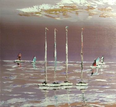 Painting titled "4 voiliers à marée…" by Etienne Guérinaud, Original Artwork, Oil Mounted on Other rigid panel