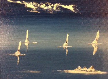 Painting titled "3 petites barques s…" by Etienne Guérinaud, Original Artwork, Oil Mounted on Other rigid panel
