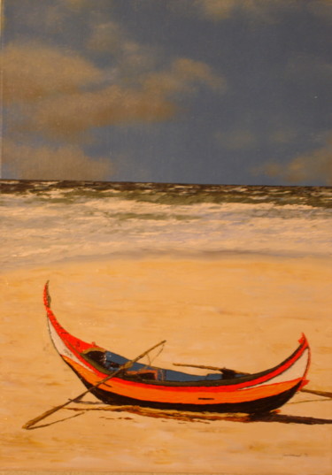 Painting titled "La pirogue" by Etienne Guérinaud, Original Artwork, Oil Mounted on Wood Stretcher frame
