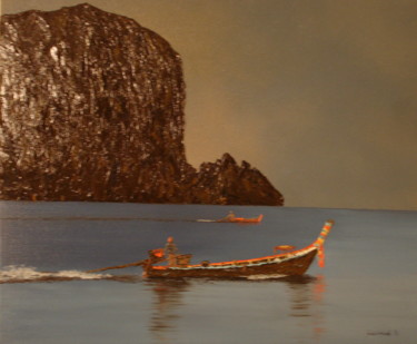 Painting titled "Le pêcheur" by Etienne Guérinaud, Original Artwork, Oil