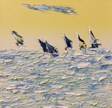 Painting titled "6 voiliers en plein…" by Etienne Guérinaud, Original Artwork, Oil Mounted on Other rigid panel