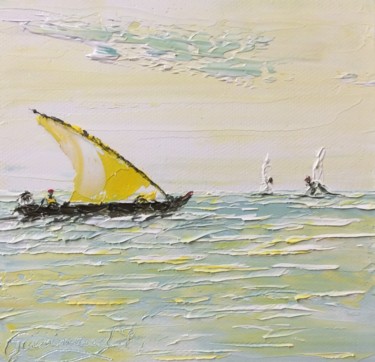 Painting titled "Plaisir de pêcher" by Etienne Guérinaud, Original Artwork, Oil Mounted on Other rigid panel