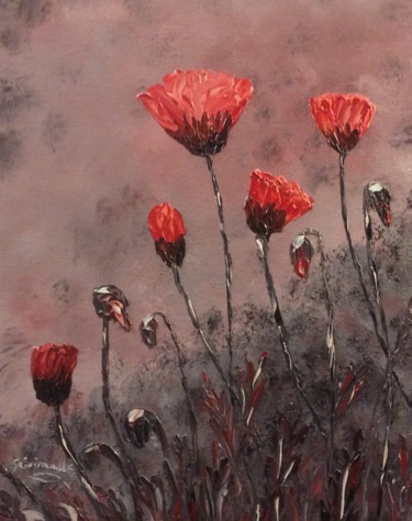 Painting titled "Les coquelicots" by Etienne Guérinaud, Original Artwork, Oil Mounted on Wood Stretcher frame