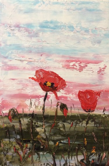 Painting titled "Les coquelicots rou…" by Etienne Guérinaud, Original Artwork, Oil