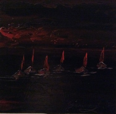 Peinture intitulée "La nuit en voiliers" par Etienne Guérinaud, Œuvre d'art originale, Huile Monté sur Autre panneau rigide