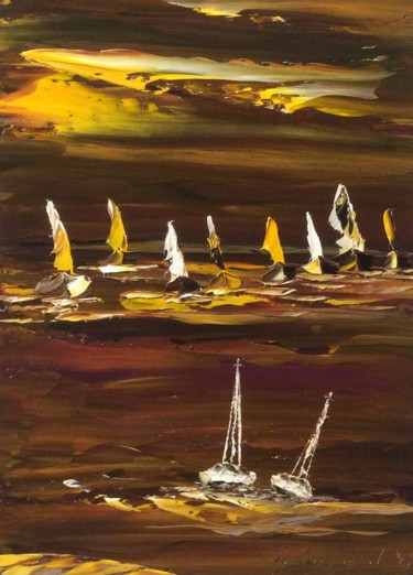 Painting titled "Paysage marin au co…" by Etienne Guérinaud, Original Artwork, Oil Mounted on Other rigid panel
