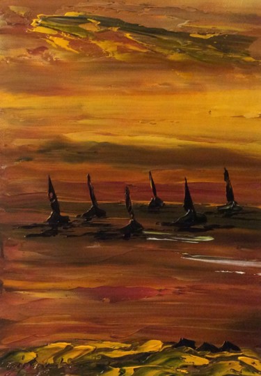 Peinture intitulée "Les 6 voiliers en m…" par Etienne Guérinaud, Œuvre d'art originale, Huile Monté sur Autre panneau rigide