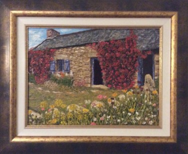 Painting titled "Maison bretonne" by Etienne Guérinaud, Original Artwork, Oil Mounted on Other rigid panel