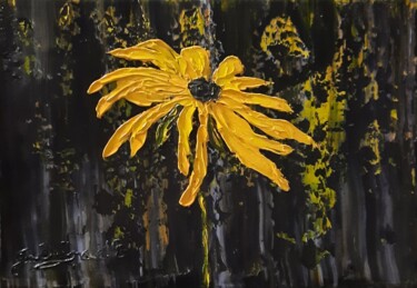 Painting titled "Fleur jaune" by Etienne Guérinaud, Original Artwork, Oil Mounted on Other rigid panel
