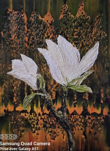 Painting titled "Fleur de magnolia" by Etienne Guérinaud, Original Artwork, Oil Mounted on Wood Stretcher frame
