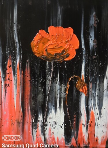 Painting titled "Coquelicot en flame" by Etienne Guérinaud, Original Artwork, Oil Mounted on Other rigid panel