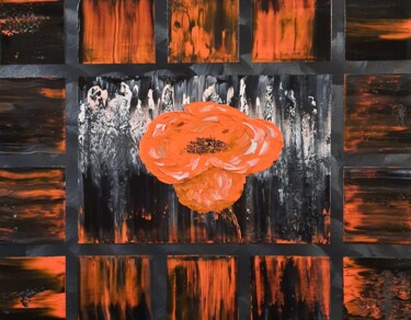 Painting titled "Coquelicot à carrea…" by Etienne Guérinaud, Original Artwork, Oil Mounted on Wood Stretcher frame