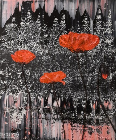 Painting titled "Coquelicots sur fon…" by Etienne Guérinaud, Original Artwork, Oil Mounted on Wood Stretcher frame