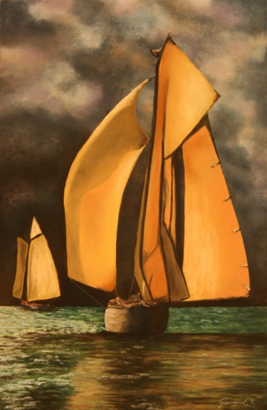Dessin intitulée "Le voilier" par Etienne Guérinaud, Œuvre d'art originale, Pastel Monté sur Carton