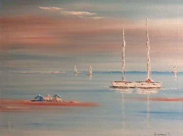 Painting titled "3 petites barques" by Etienne Guérinaud, Original Artwork, Oil Mounted on Wood Stretcher frame