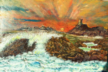 Pintura intitulada "coucher-soleil-iles…" por Etienne Saint-Michel, Obras de arte originais, Óleo