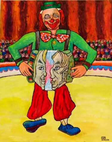 Painting titled "Clown jouant d'un M…" by Etienne Saint-Michel, Original Artwork, Acrylic Mounted on Wood Stretcher frame