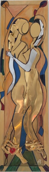 「Femmes enlacées」というタイトルの彫刻 Étienne Dupéによって, オリジナルのアートワーク, アルミニウム ウッドストレッチャーフレームにマウント
