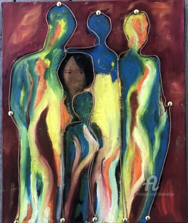 Painting titled "seule dans la foule" by Étienne Dupé, Original Artwork, Oil Mounted on Wood Stretcher frame