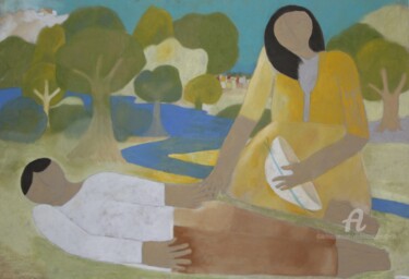Malarstwo zatytułowany „Sieste jaune au cha…” autorstwa Etolessence, Oryginalna praca, Pastel