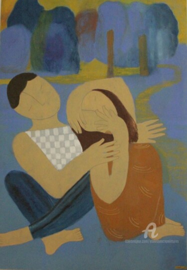 Peinture intitulée "Sieste bleue au che…" par Etolessence, Œuvre d'art originale, Pastel
