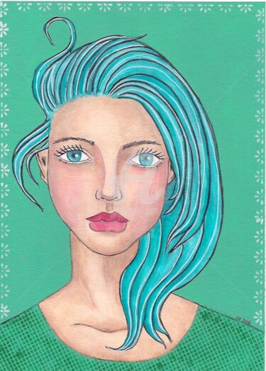 Painting titled "the bluish girl" by Ellen Hendrikx, Original Artwork, Acrylic
