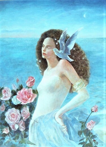 Painting titled "La muse" by Etsuko Migii, Original Artwork, Oil Mounted on Wood Stretcher frame