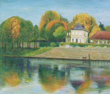 Painting titled "Vernon sur Seine" by Etsuko Migii, Original Artwork, Oil Mounted on Wood Stretcher frame