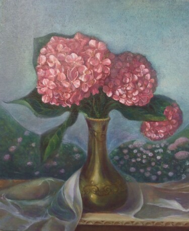 Malerei mit dem Titel "Hortensia à l'aube" von Etsuko Migii, Original-Kunstwerk, Öl Auf Keilrahmen aus Holz montiert