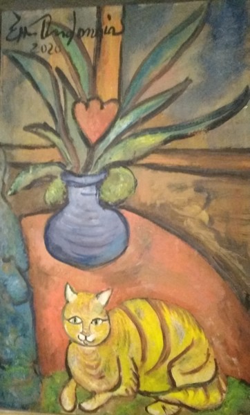 Pittura intitolato "Il gatto sul tavolo…" da Ettore Andonaia, Opera d'arte originale, Olio