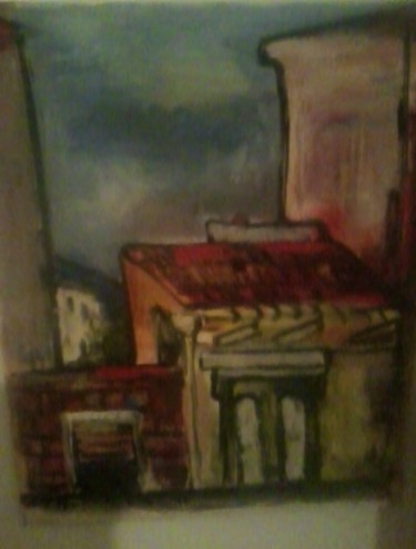 Pittura intitolato "Case e tetto rosso" da Ettore Andonaia, Opera d'arte originale, Olio