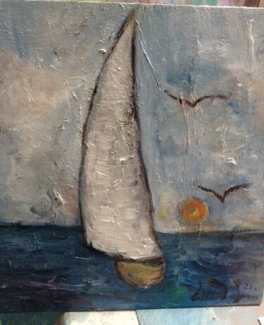 Painting titled "La barca a vela" by Ettore Andonaia, Original Artwork, Oil