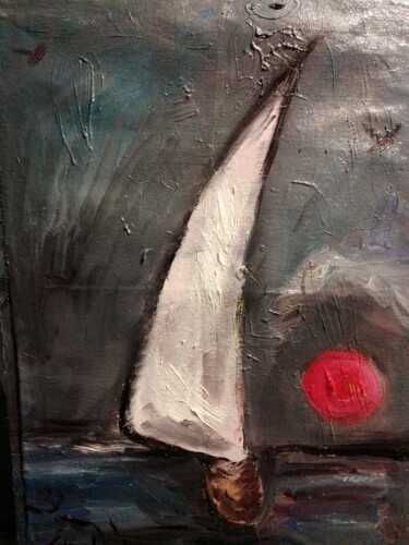 Painting titled "La barca a vela con…" by Ettore Andonaia, Original Artwork, Oil