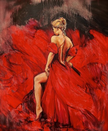 Painting titled "rouge flamenco" by Etzi, Original Artwork, Oil