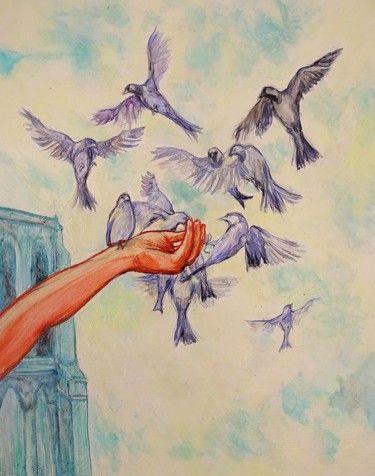 Картина под названием "l'oiseau en cage rê…" - Etzi, Подлинное произведение искусства, Масло