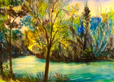 Pintura intitulada "lac au couchant" por Etzi, Obras de arte originais, Aquarela