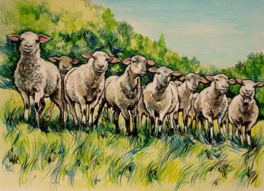 Malarstwo zatytułowany „les moutons curieux” autorstwa Etzi, Oryginalna praca, Olej