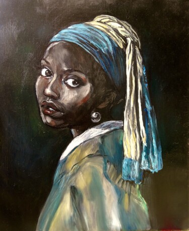 Painting titled "jeune fille africai…" by Etzi, Original Artwork, Oil