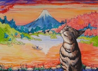 Peinture intitulée "chat heureux au mon…" par Etzi, Œuvre d'art originale, Huile