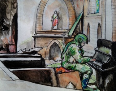 Painting titled "le pianiste de Khar…" by Etzi, Original Artwork, Watercolor